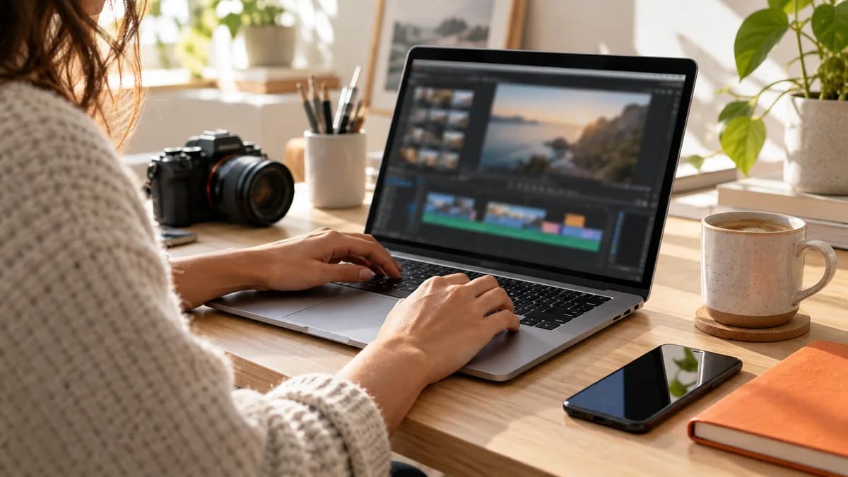 Creator preparing a video on a laptop at a sunlit desk