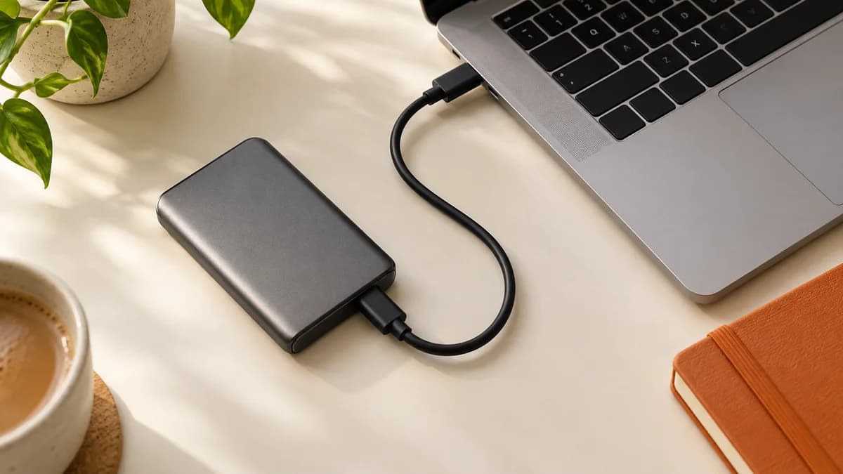Compact portable drive connected to a laptop on a tidy desk